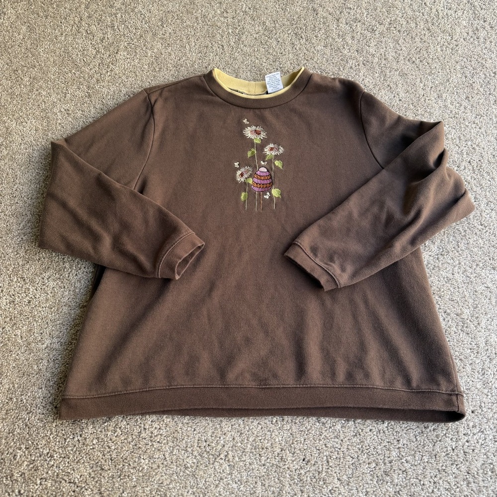 Vintage Blair Sweatshirt Womens XL Brown Fleece Easter Floral Embroidered